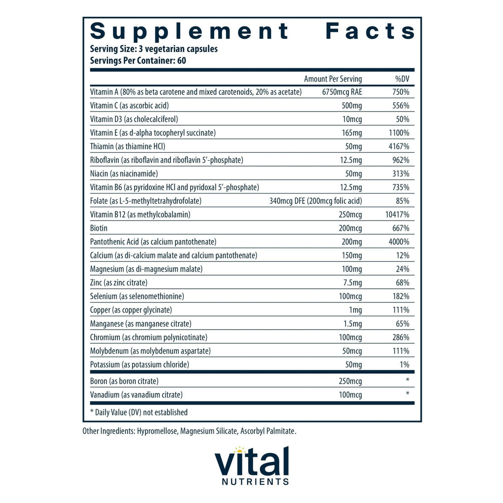 Vital Nutrients Multi-Nutrients (No Iron or Iodine) - Comprehensive Vegetarian Daily Multivitamin and Mineral Formula with Potent Antioxidants* - Gluten, Dairy, Soy Free - Non-GMO - 180 Capsules - TrustMedUSA