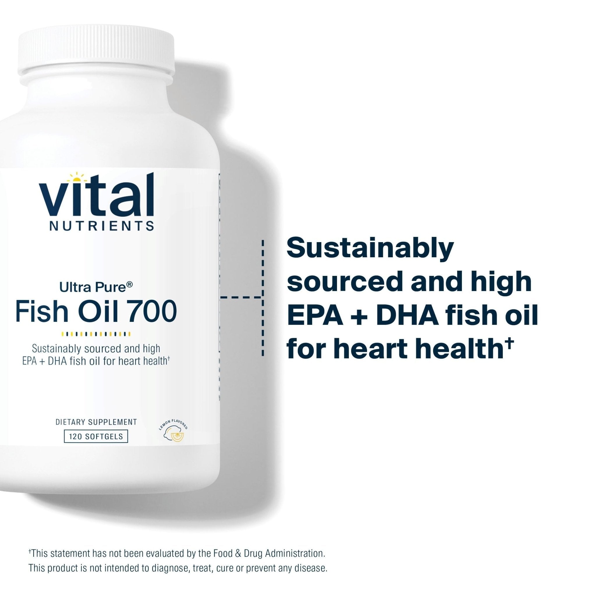 Vital Nutrients Ultra Pure Fish Oil 700 - Supports Heart, Brain, and Joint Health* - Sustainably Sourced High EPA & DHA Omega-3 Fatty Acid - Lemon Flavor - Gluten, Dairy & Soy Free - 120 Softgels - Maple Wellness Supplements