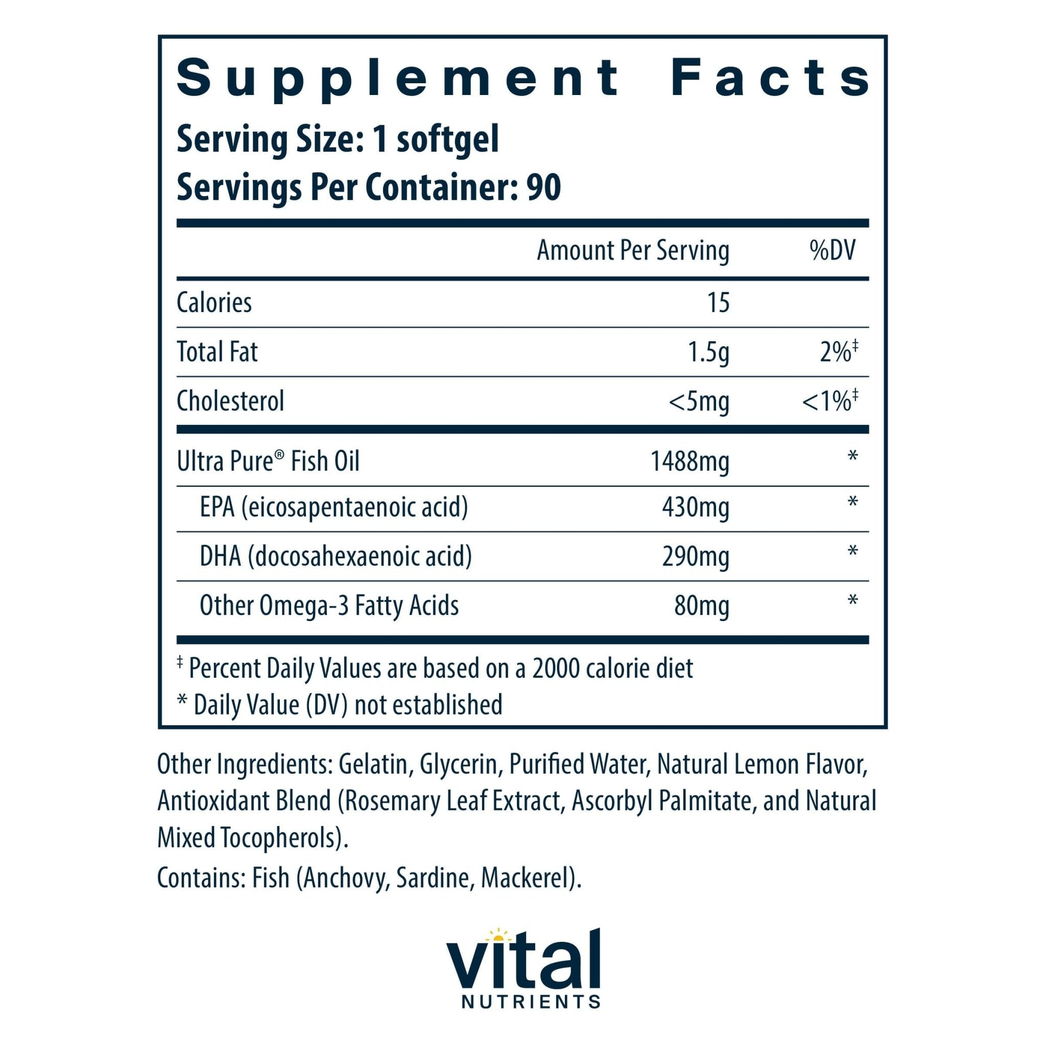 Vital Nutrients Ultra Pure® Fish Oil 800 Triglyceride Form - Heart, Brain, & Immune Health* - Sustainably Sourced High EPA & DHA Omega-3 Fatty Acid - Lemon Flavor - Gluten, Dairy, Soy Free - 90 Count - TrustMedUSA