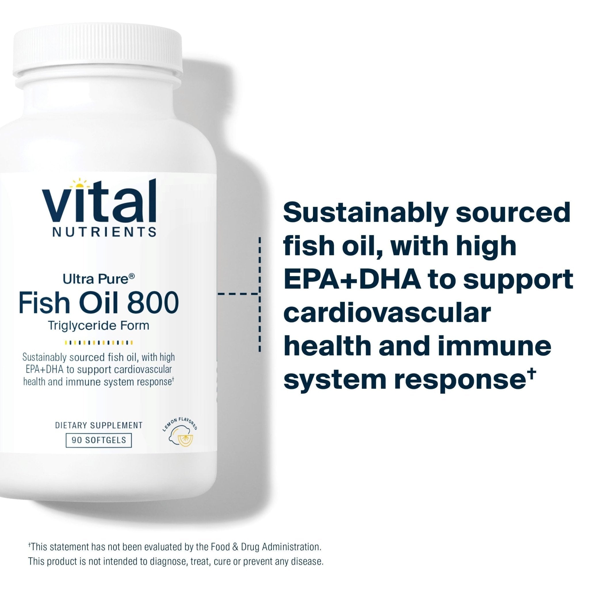 Vital Nutrients Ultra Pure® Fish Oil 800 Triglyceride Form - Heart, Brain, & Immune Health* - Sustainably Sourced High EPA & DHA Omega-3 Fatty Acid - Lemon Flavor - Gluten, Dairy, Soy Free - 90 Count - TrustMedUSA