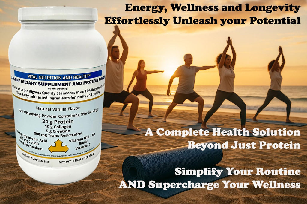 Vital Nutrition and Health All-in-One Powder: Protein, Collagen, Creatine, Resveratrol, Spermidine, Hyaluronic Acid, CoQ10 + Key Vitamins - TrustMedUSA