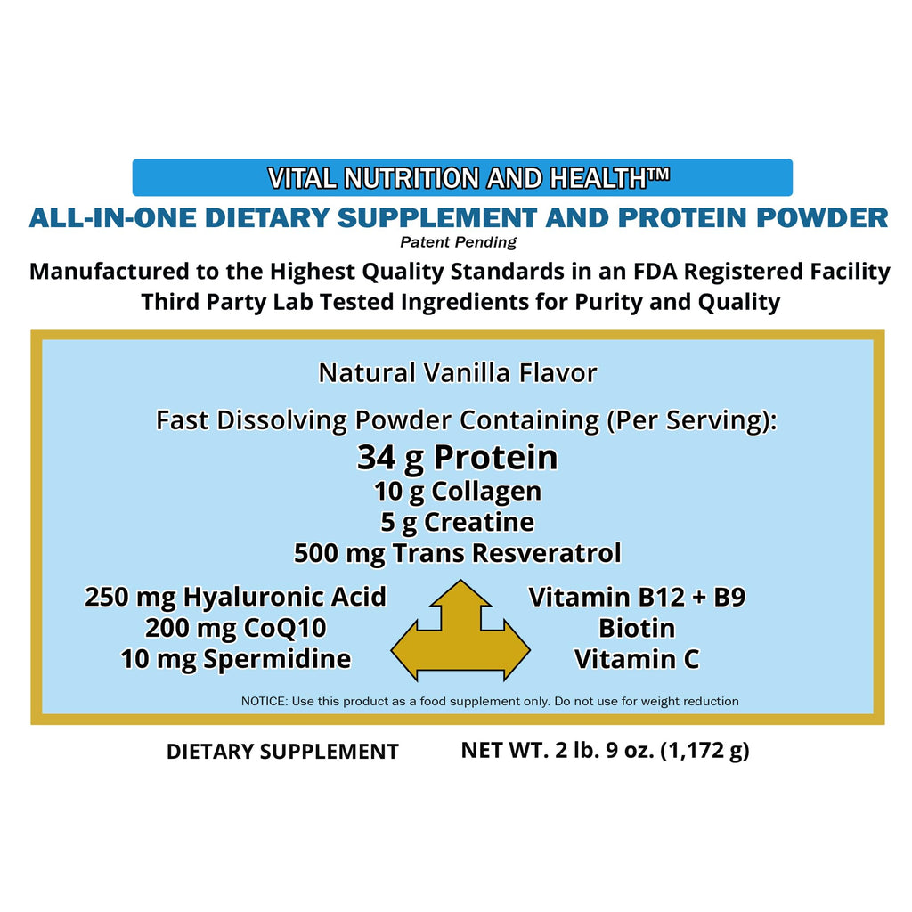 Vital Nutrition and Health All-in-One Powder: Protein, Collagen, Creatine, Resveratrol, Spermidine, Hyaluronic Acid, CoQ10 + Key Vitamins - TrustMedUSA