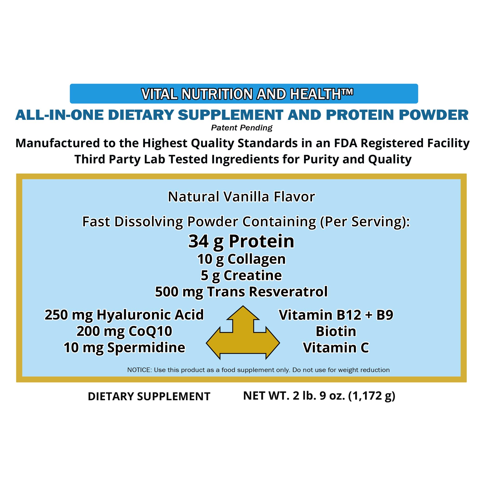 Vital Nutrition and Health All-in-One Powder: Protein, Collagen, Creatine, Resveratrol, Spermidine, Hyaluronic Acid, CoQ10 + Key Vitamins - TrustMedUSA