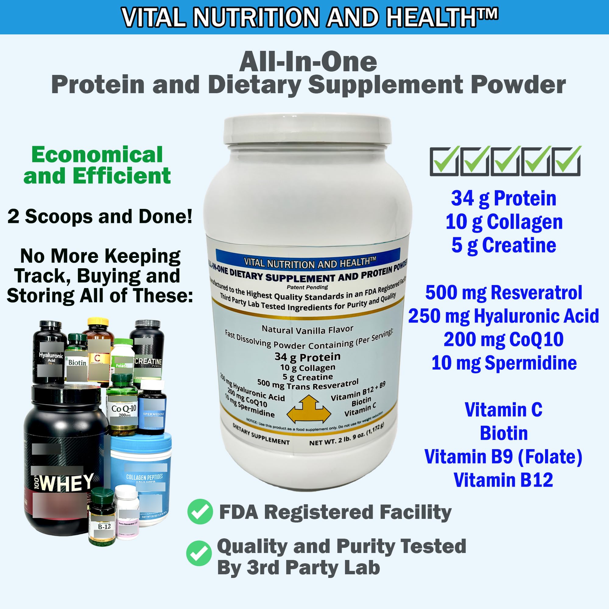 Vital Nutrition and Health All-in-One Powder: Protein, Collagen, Creatine, Resveratrol, Spermidine, Hyaluronic Acid, CoQ10 + Key Vitamins - TrustMedUSA