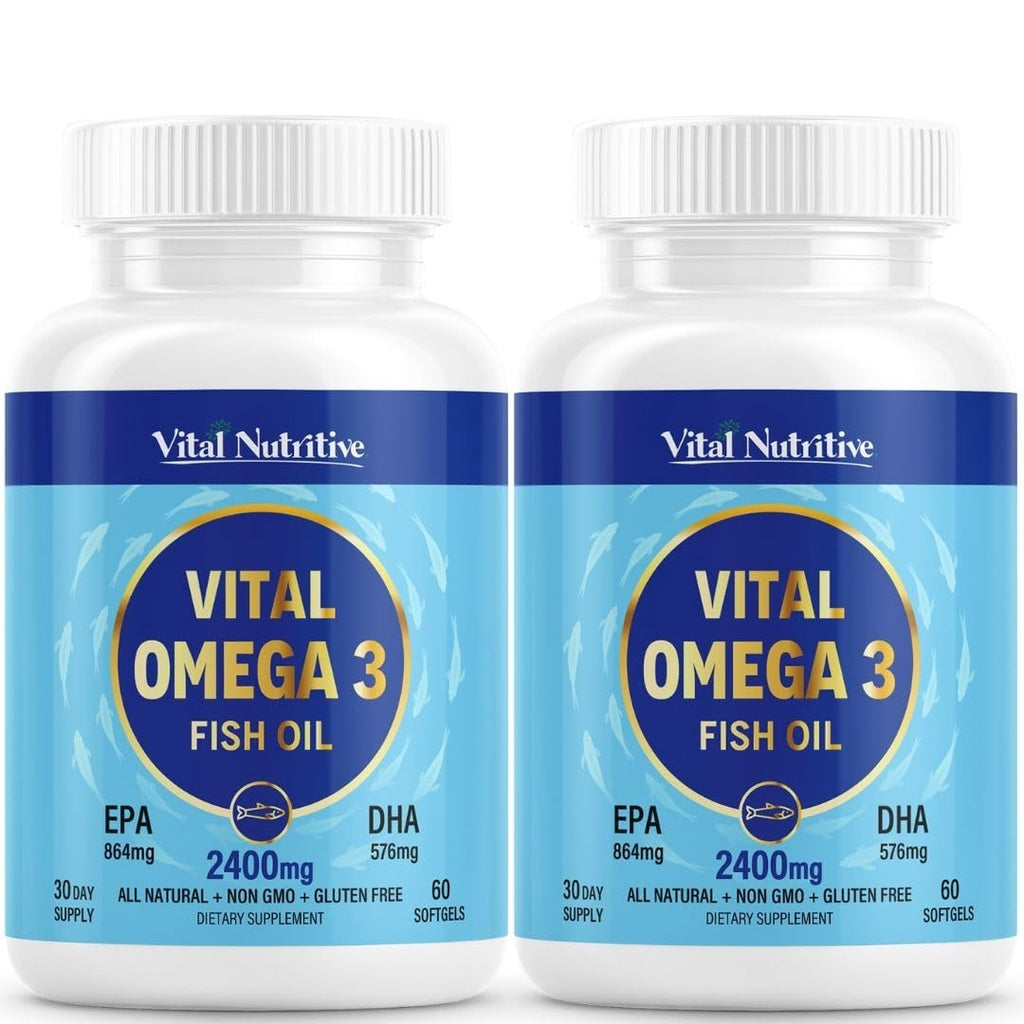 Vital Omega 3 Fish Oil Supplements 2400mg | 864mg EPA & 576mg DHA | 1440mg Total Omega-3 Fatty Acids | Promotes Brain & Heart Health | Non-GMO, Gluten-Free, Sugar-Free | Lemon | 60 Day Servings - TrustMedUSA