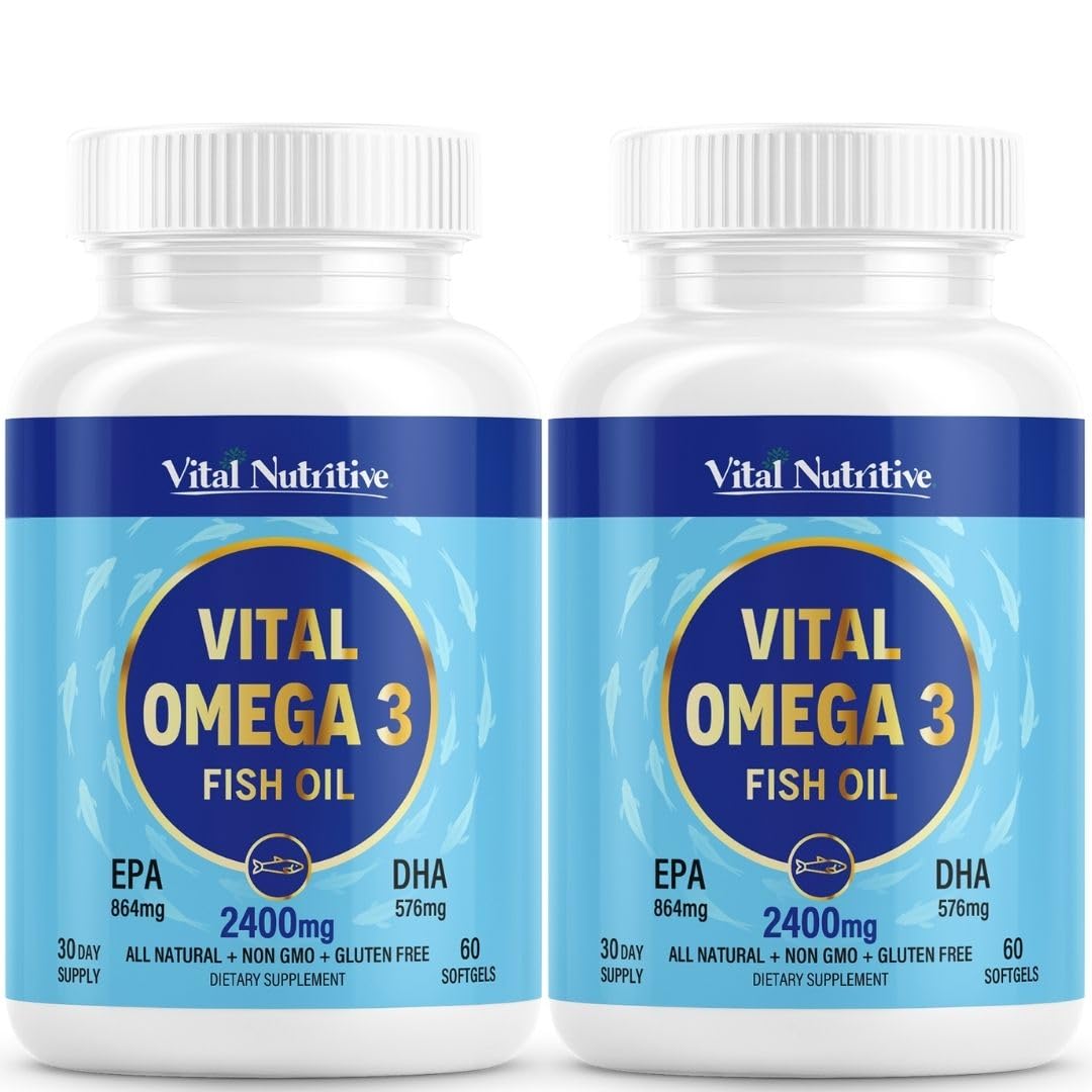 Vital Omega 3 Fish Oil Supplements 2400mg | 864mg EPA & 576mg DHA | 1440mg Total Omega-3 Fatty Acids | Promotes Brain & Heart Health | Non-GMO, Gluten-Free, Sugar-Free | Lemon | 60 Day Servings - TrustMedUSA