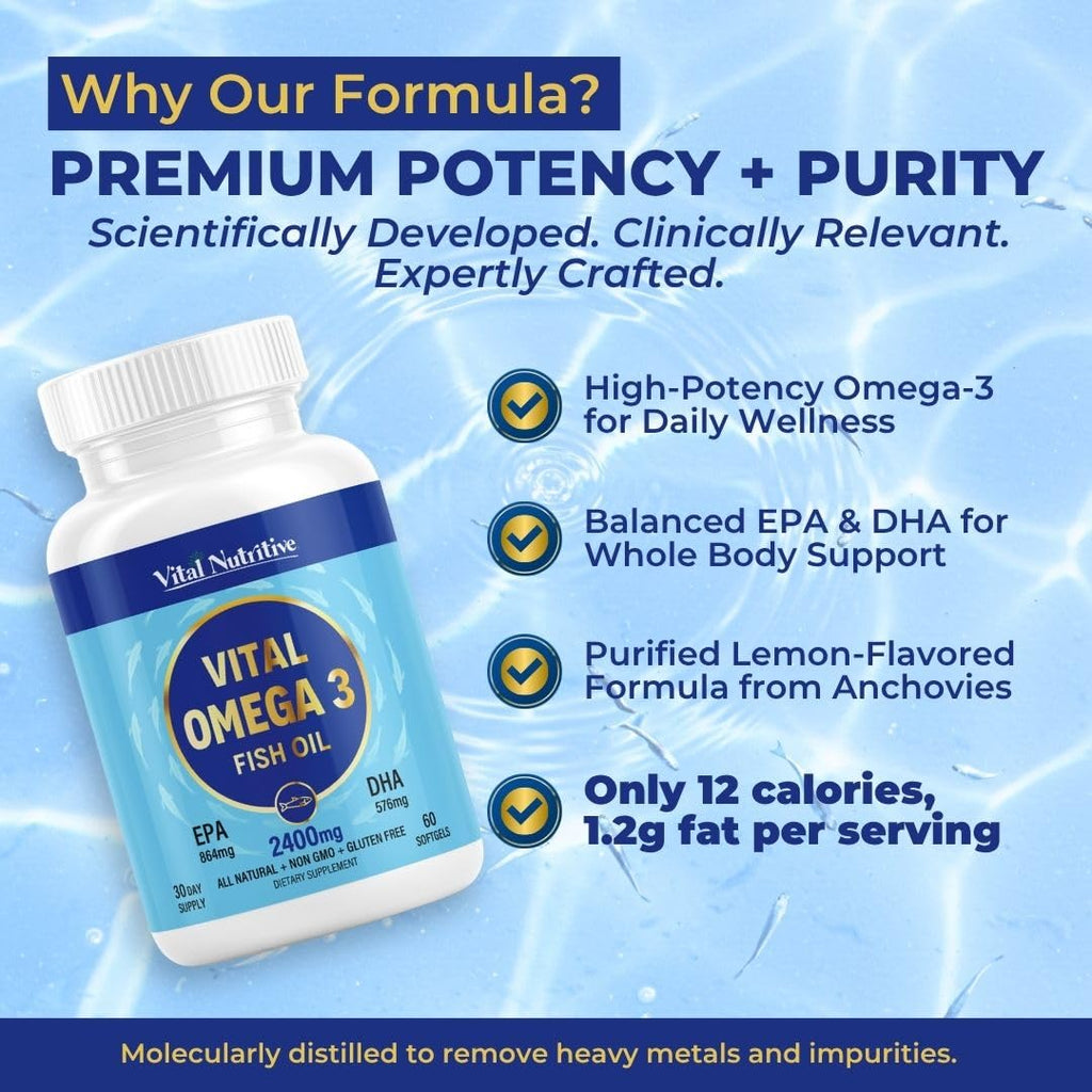Vital Omega 3 Fish Oil Supplements 2400mg | 864mg EPA & 576mg DHA | 1440mg Total Omega-3 Fatty Acids | Promotes Brain & Heart Health | Non-GMO, Gluten-Free, Sugar-Free | Lemon | 60 Day Servings - TrustMedUSA