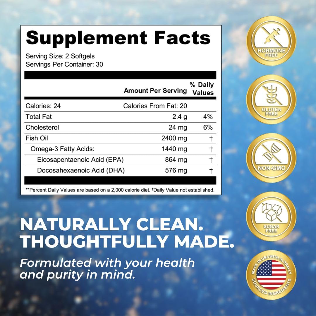 Vital Omega 3 Fish Oil Supplements 2400mg | 864mg EPA & 576mg DHA | 1440mg Total Omega-3 Fatty Acids | Promotes Brain & Heart Health | Non-GMO, Gluten-Free, Sugar-Free | Lemon | 60 Day Servings - TrustMedUSA