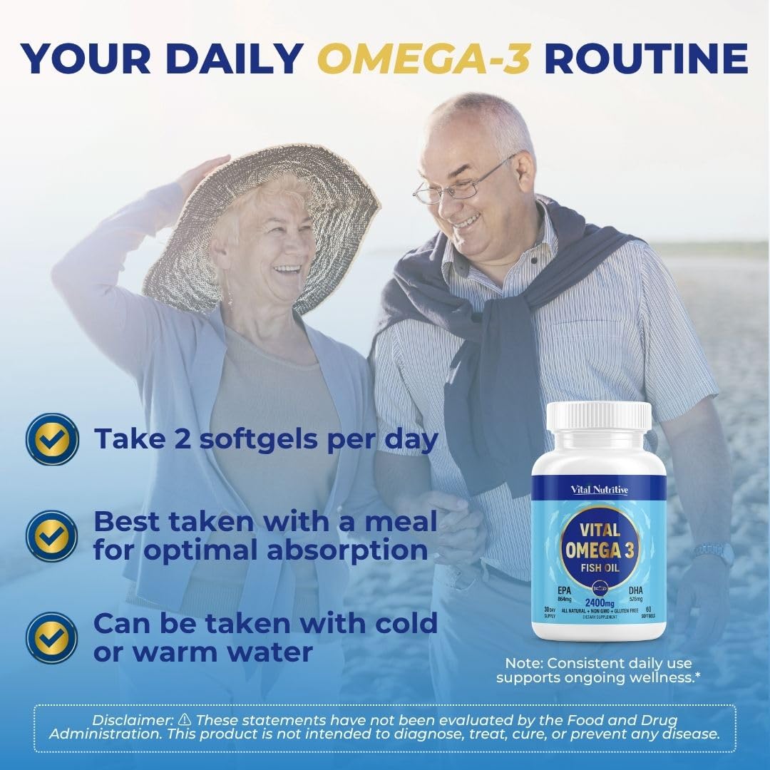 Vital Omega 3 Fish Oil Supplements 2400mg | 864mg EPA & 576mg DHA | 1440mg Total Omega-3 Fatty Acids | Promotes Brain & Heart Health | Non-GMO, Gluten-Free, Sugar-Free | Lemon | 60 Day Servings - TrustMedUSA