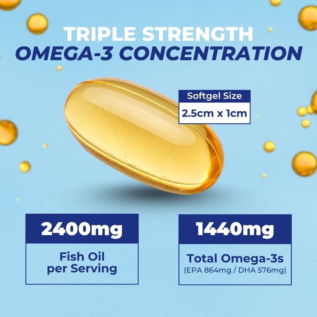 Vital Omega 3 Fish Oil Supplements 2400mg | 864mg EPA & 576mg DHA | 1440mg Total Omega-3 Fatty Acids | Promotes Brain & Heart Health | Non-GMO, Gluten-Free, Sugar-Free | Lemon | 60 Day Servings - TrustMedUSA