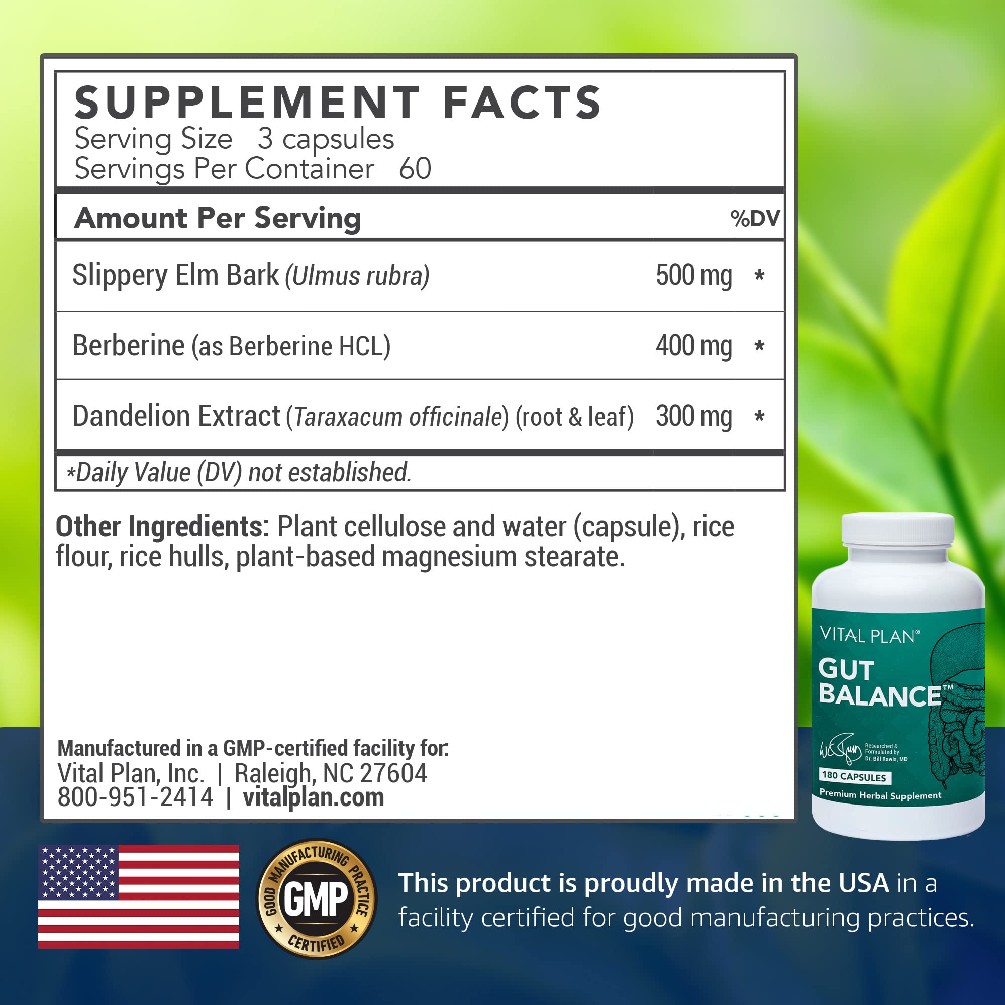 Vital Plan Gut Balance Supplement by Dr. Bill Rawls - Advanced Digestive Health Support Formula w/Clinical-Grade Slippery Elm Bark, Berberine & Dandelion Extract for Women & Men (180 Capsules) - TrustMedUSA