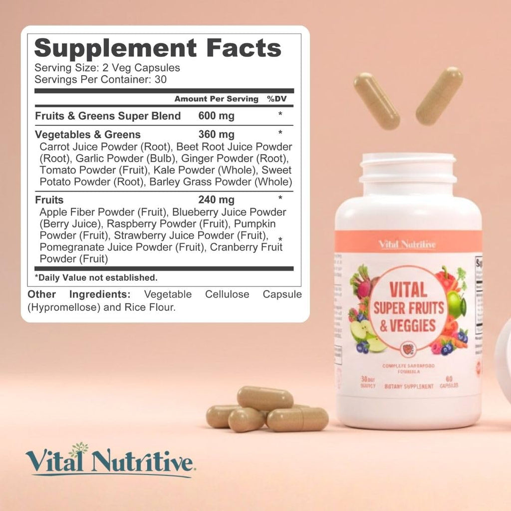 Vital Super Fruits & Veggies - Daily Superfood Capsules for Adults - Fruit & Vegetable Supplements to Boost Immunity & Energy - 2-in-1 Formula for Overall Wellness - TrustMedUSA