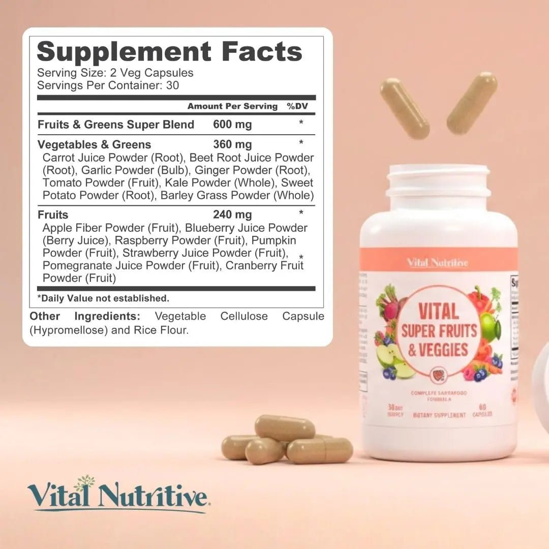 Vital Super Fruits & Veggies - Daily Superfood Capsules for Adults - Fruit & Vegetable Supplements to Boost Immunity & Energy - 2-in-1 Formula for Overall Wellness - TrustMedUSA