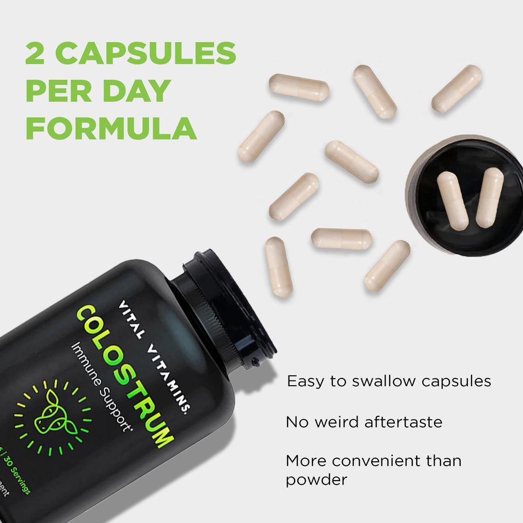 Vital Vitamins Colostrum Supplement - Vitamin C, Zinc, & Selenium - from First Milking - Standardized to Contain 10% IgG Immunoglobulins - Grass-Fed American Cows - 60 Capsules - TrustMedUSA