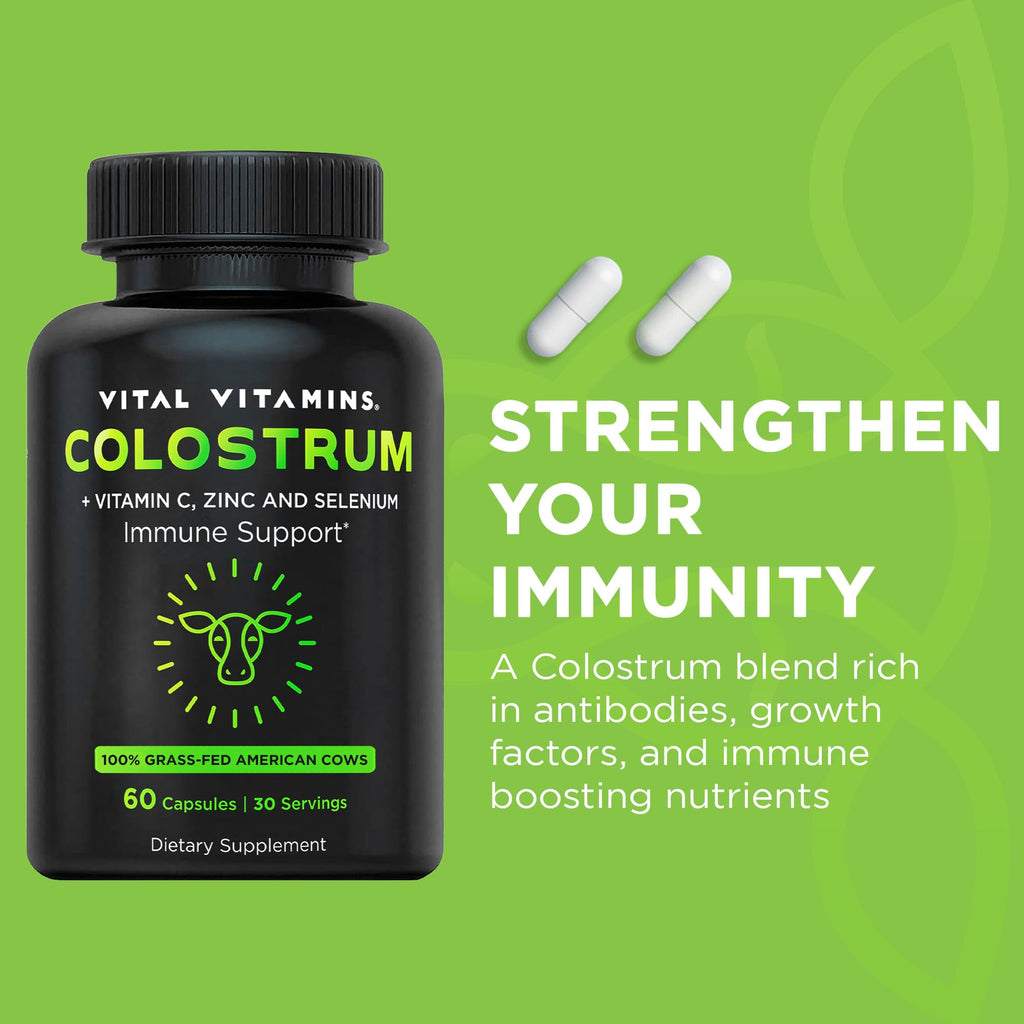 Vital Vitamins Colostrum Supplement - Vitamin C, Zinc, & Selenium - from First Milking - Standardized to Contain 10% IgG Immunoglobulins - Grass-Fed American Cows - 60 Capsules - TrustMedUSA