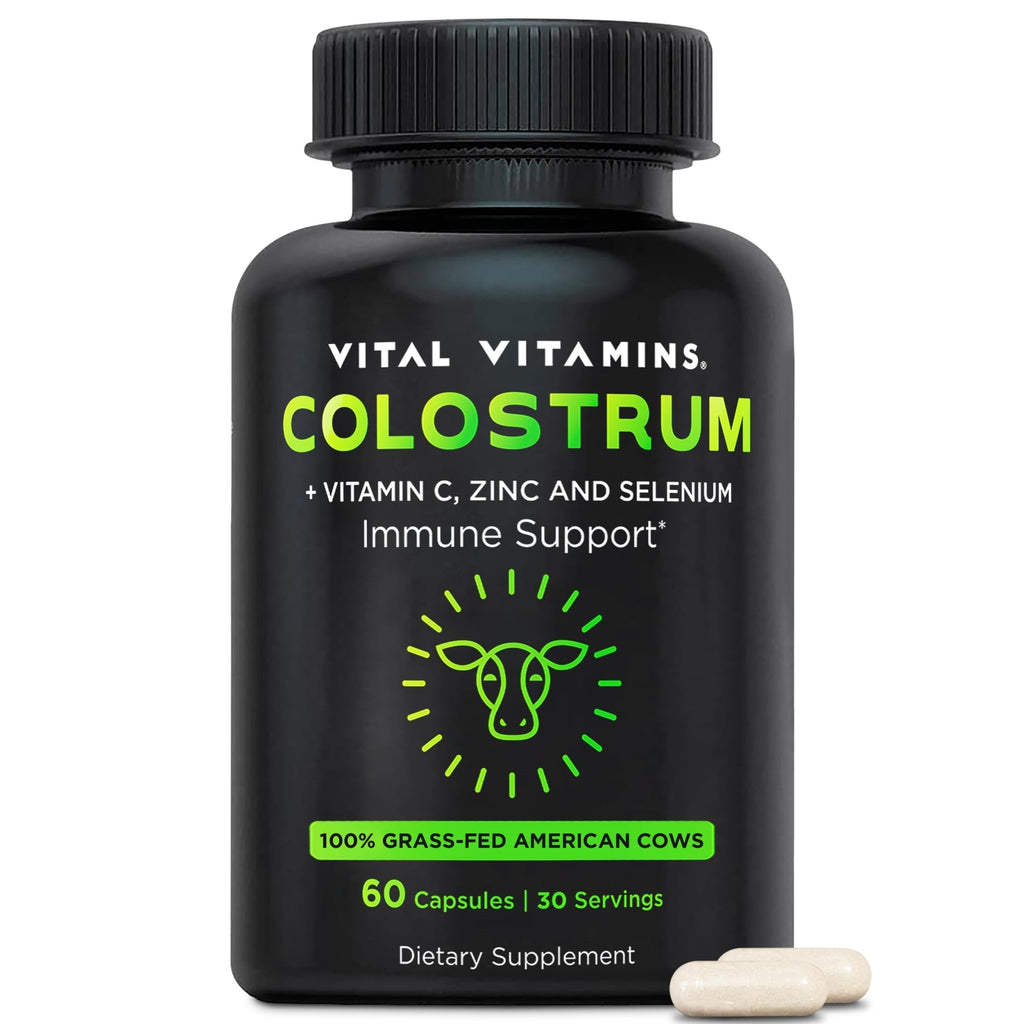 Vital Vitamins Colostrum Supplement - Vitamin C, Zinc, & Selenium - from First Milking - Standardized to Contain 10% IgG Immunoglobulins - Grass-Fed American Cows - 60 Capsules - TrustMedUSA