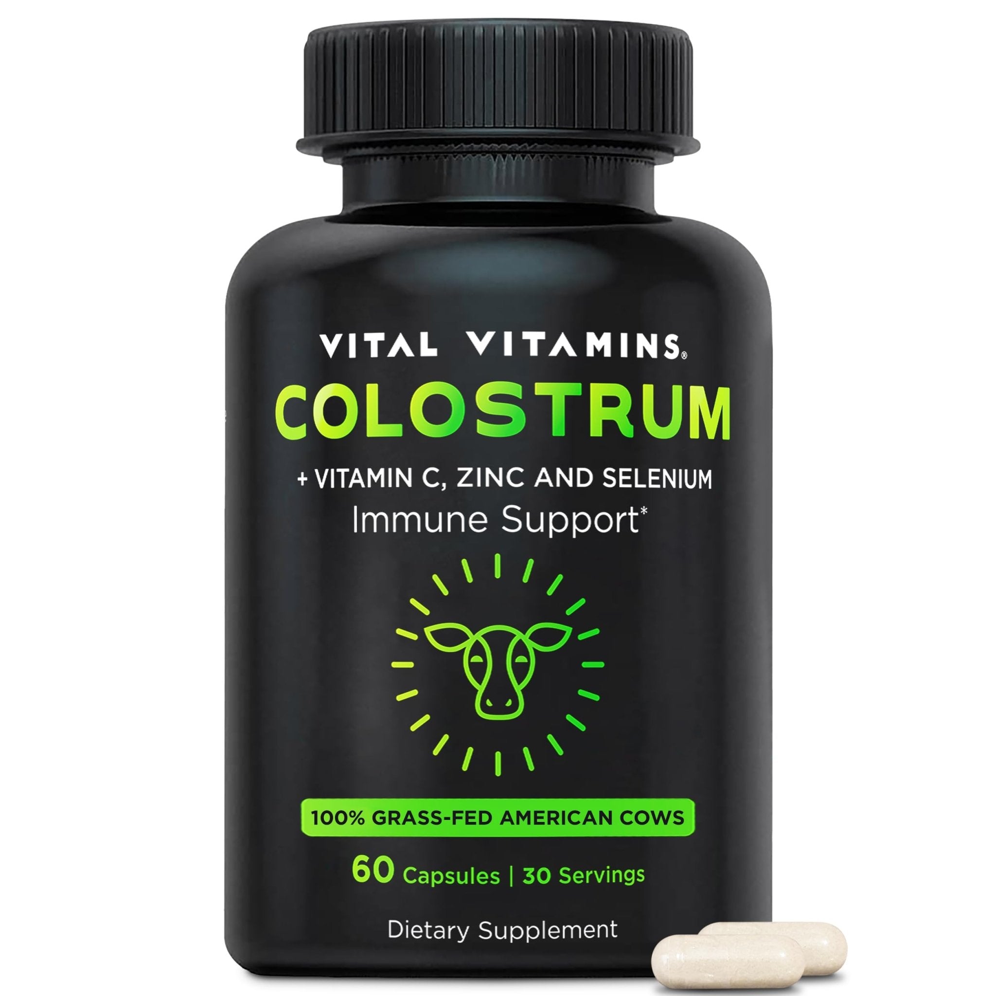Vital Vitamins Colostrum Supplement - Vitamin C, Zinc, & Selenium - from First Milking - Standardized to Contain 10% IgG Immunoglobulins - Grass-Fed American Cows - 60 Capsules - TrustMedUSA