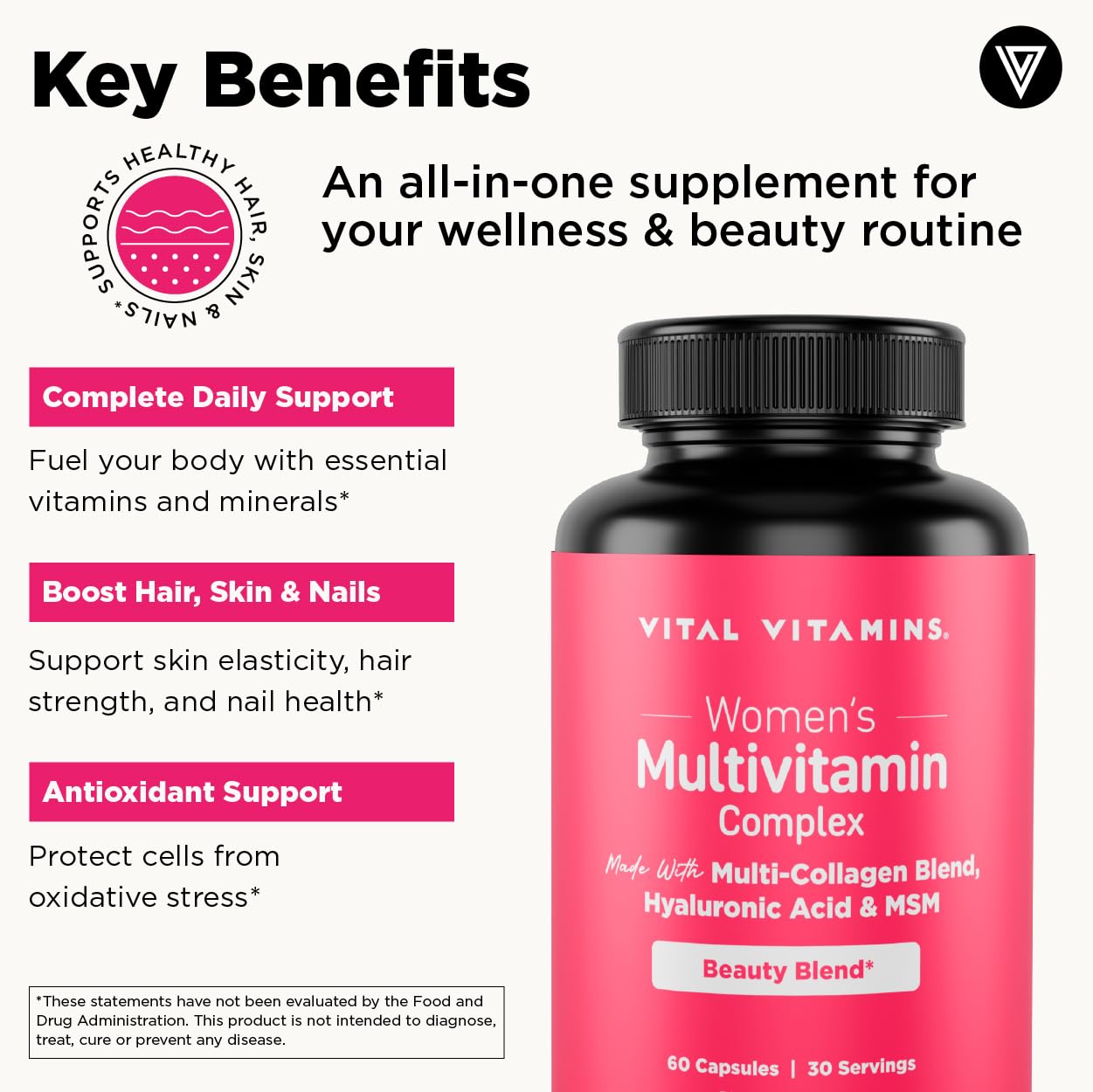 Vital Vitamins Women's Multivitamin Complex - Made with Multi-Collagen Blend, Hyaluronic Acid, & MSM - Beauty Multivitamins - with Vitamin A, C, E, B6, B12, D3-60 Capsules - TrustMedUSA
