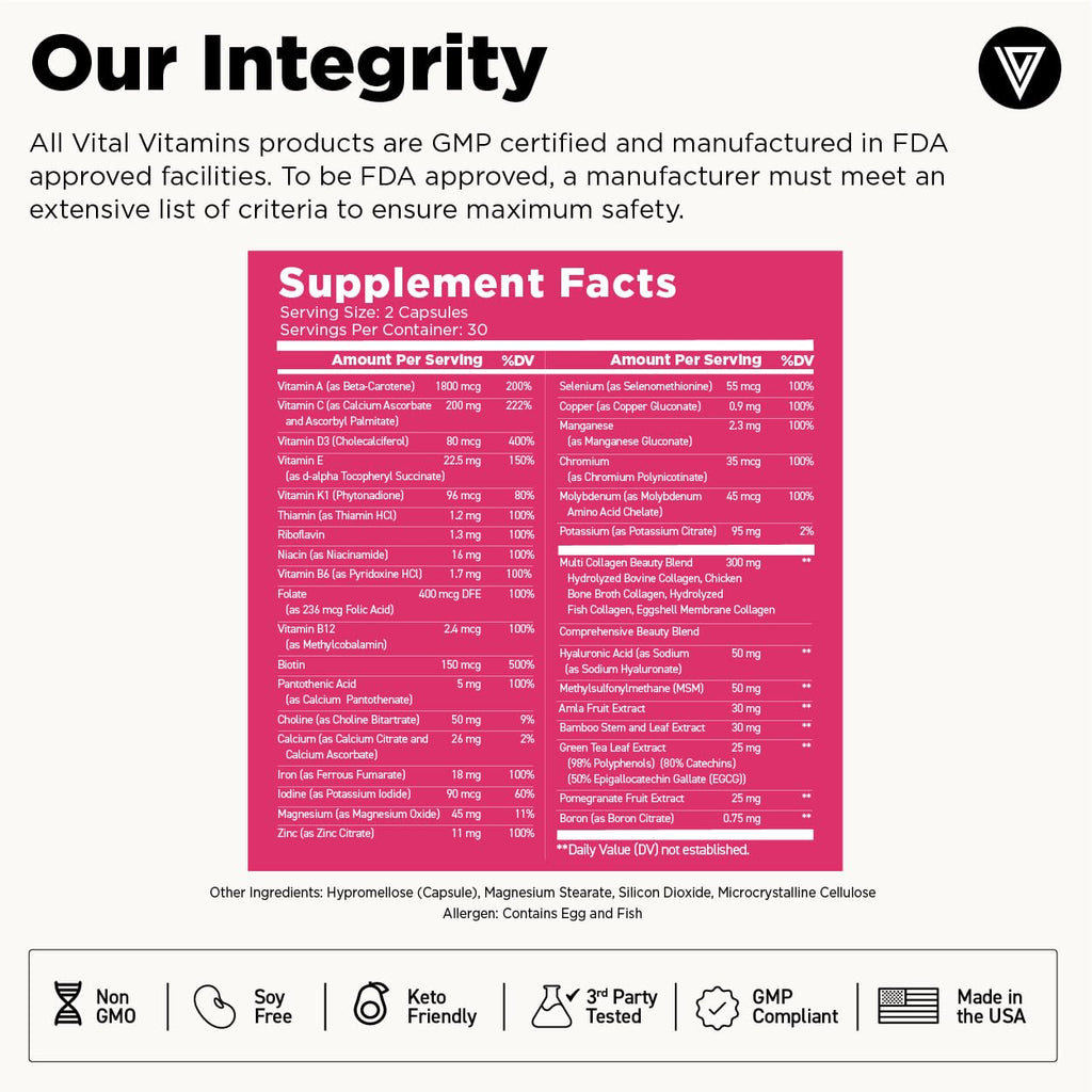 Vital Vitamins Women's Multivitamin Complex - Made with Multi-Collagen Blend, Hyaluronic Acid, & MSM - Beauty Multivitamins - with Vitamin A, C, E, B6, B12, D3-60 Capsules - TrustMedUSA