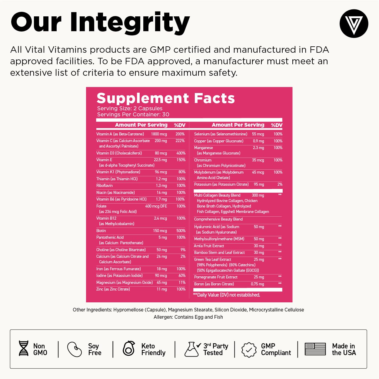 Vital Vitamins Women's Multivitamin Complex - Made with Multi-Collagen Blend, Hyaluronic Acid, & MSM - Beauty Multivitamins - with Vitamin A, C, E, B6, B12, D3-60 Capsules - TrustMedUSA