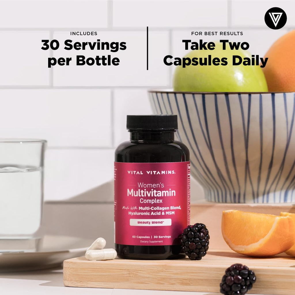 Vital Vitamins Women's Multivitamin Complex - Made with Multi-Collagen Blend, Hyaluronic Acid, & MSM - Beauty Multivitamins - with Vitamin A, C, E, B6, B12, D3-60 Capsules - TrustMedUSA
