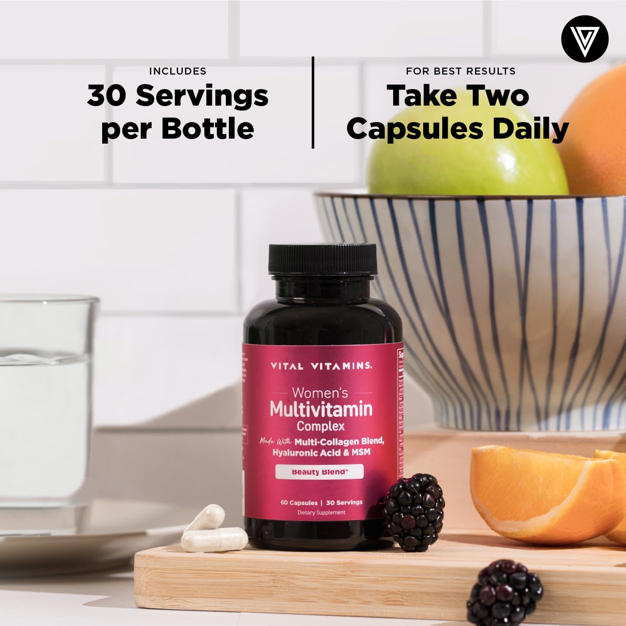 Vital Vitamins Women's Multivitamin Complex - Made with Multi-Collagen Blend, Hyaluronic Acid, & MSM - Beauty Multivitamins - with Vitamin A, C, E, B6, B12, D3-60 Capsules - TrustMedUSA