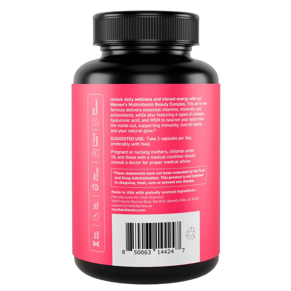 Vital Vitamins Women's Multivitamin Complex - Made with Multi-Collagen Blend, Hyaluronic Acid, & MSM - Beauty Multivitamins - with Vitamin A, C, E, B6, B12, D3-60 Capsules - TrustMedUSA