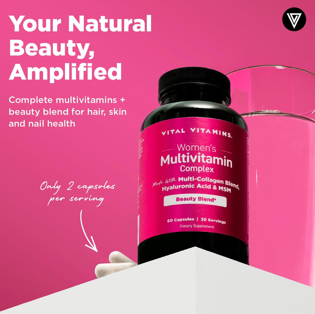Vital Vitamins Women's Multivitamin Complex - Made with Multi-Collagen Blend, Hyaluronic Acid, & MSM - Beauty Multivitamins - with Vitamin A, C, E, B6, B12, D3-60 Capsules - TrustMedUSA