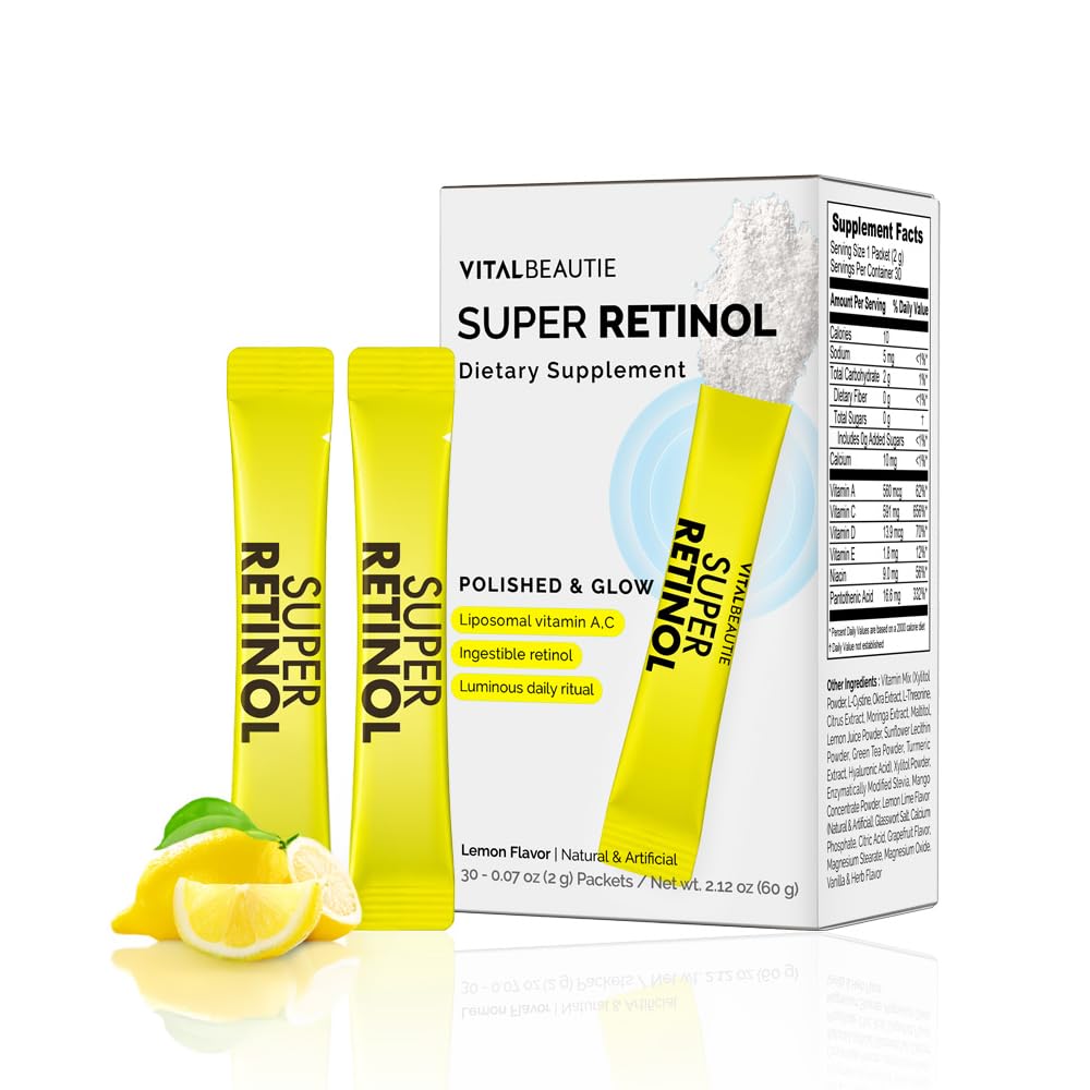 VITALBEAUTIE Super Retinol - Ingestible Liposomal Retinol & Vitamin C 1000mg Powder - Vegan K-Beauty Skin Supplement for Radiant Glass Skin & Tone, Dark Spot Care, 30 Packets - TrustMedUSA