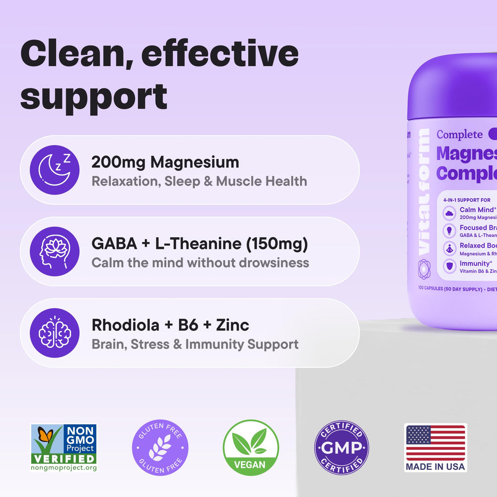 VitalForm Magnesium Glycinate Sleep Complex – Non-Habit Forming Support with L-Theanine, GABA, Zinc & Rhodiola – Promotes Relaxation, Calm & Muscle Recovery – Non-Melatonin – 100 Capsules - TrustMedUSA