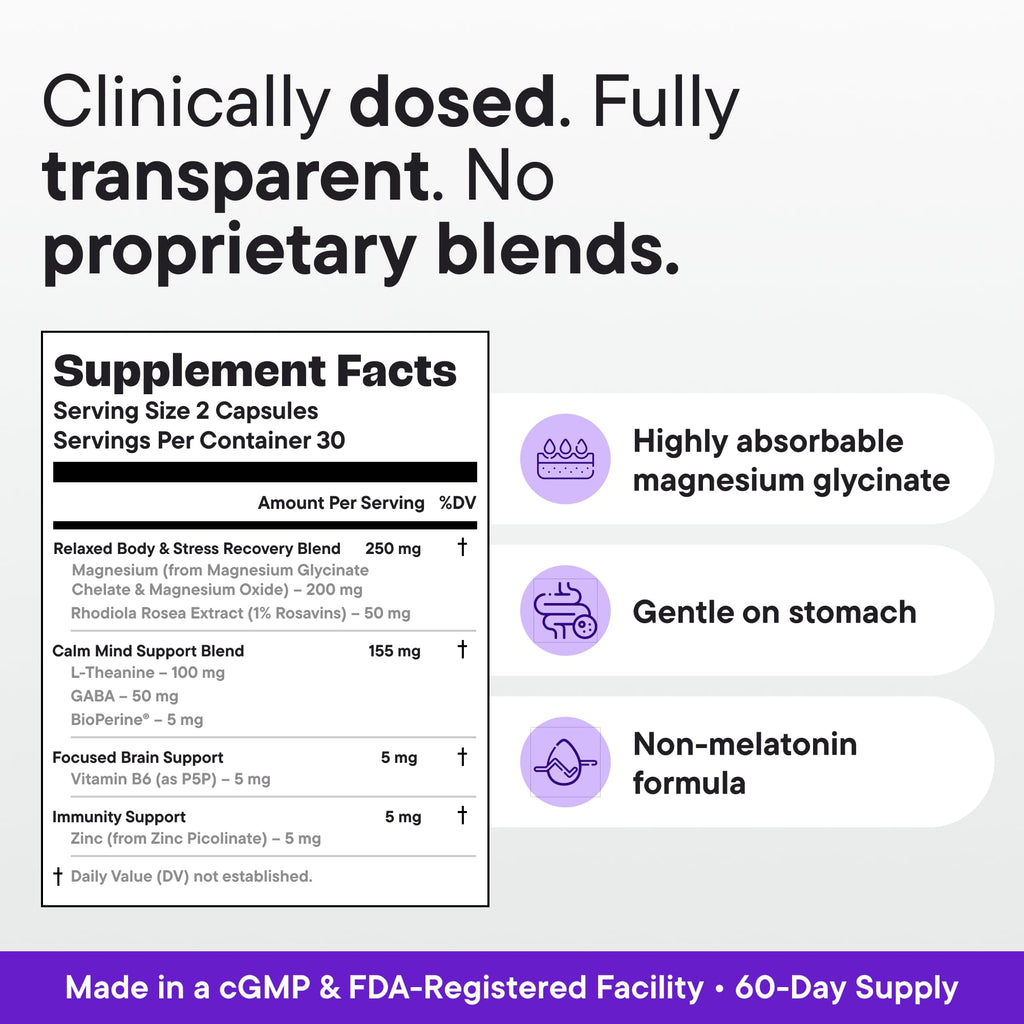 VitalForm Magnesium Glycinate Sleep Complex – Non-Habit Forming Support with L-Theanine, GABA, Zinc & Rhodiola – Promotes Relaxation, Calm & Muscle Recovery – Non-Melatonin – 100 Capsules - TrustMedUSA