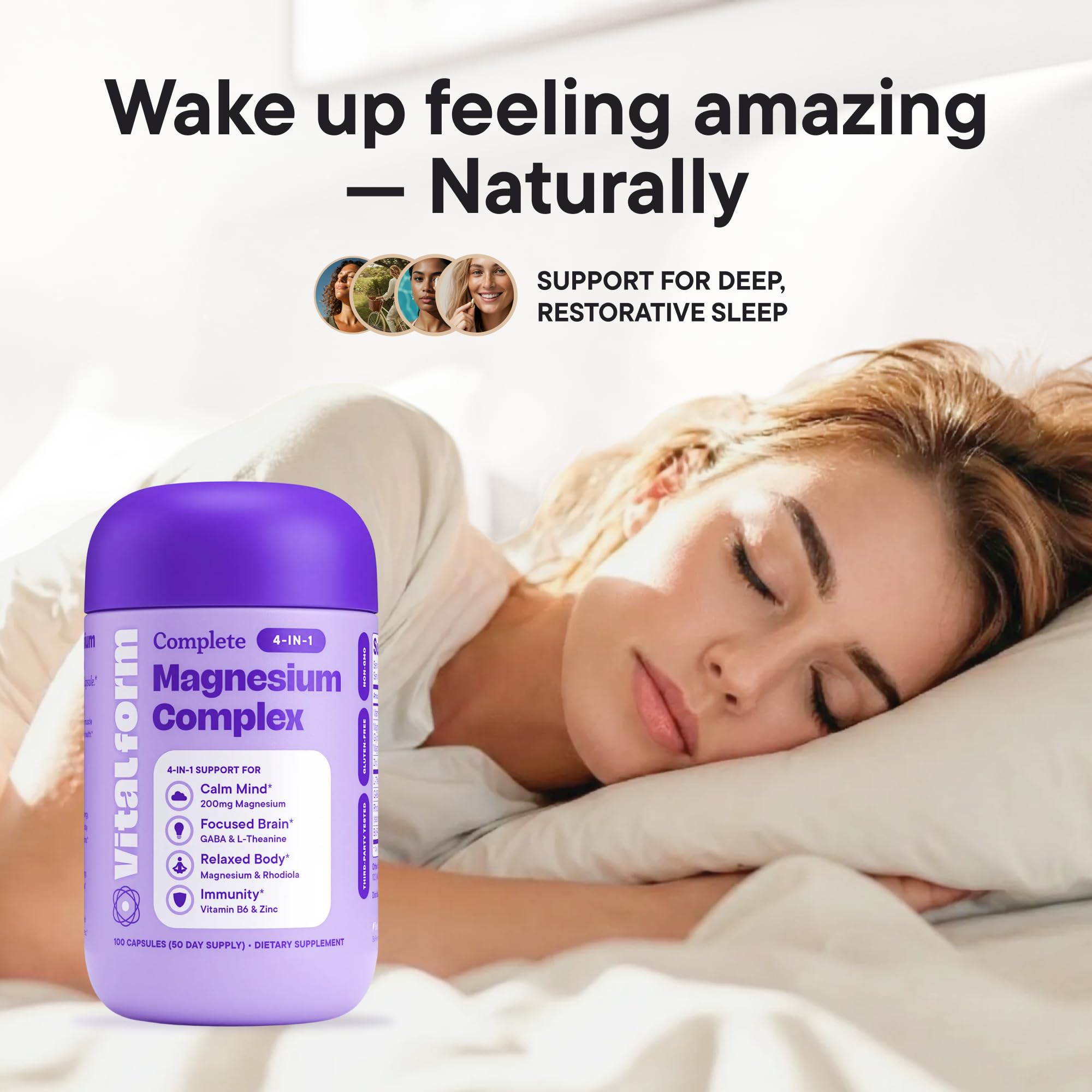 VitalForm Magnesium Glycinate Sleep Complex – Non-Habit Forming Support with L-Theanine, GABA, Zinc & Rhodiola – Promotes Relaxation, Calm & Muscle Recovery – Non-Melatonin – 100 Capsules - TrustMedUSA
