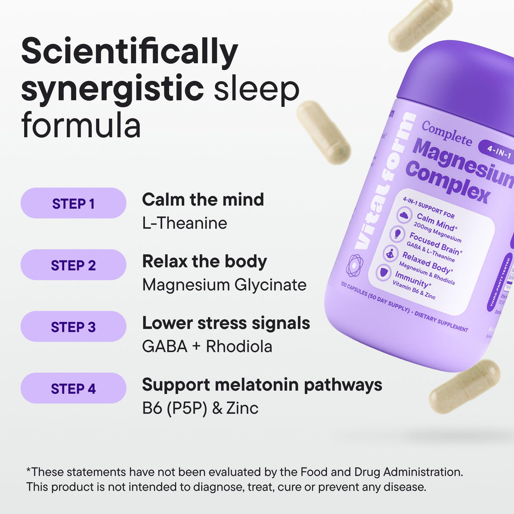 VitalForm Magnesium Glycinate Sleep Complex – Non-Habit Forming Support with L-Theanine, GABA, Zinc & Rhodiola – Promotes Relaxation, Calm & Muscle Recovery – Non-Melatonin – 100 Capsules - TrustMedUSA