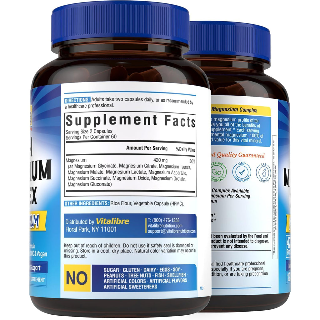 Vitalibre 10 in 1 Magnesium Complex, 420mg Elemental Magnesium | Ultra Strength, Max Absorption | Chelated Magnesium Supplement for Nerves, Bone & Heart Health - TrustMedUSA