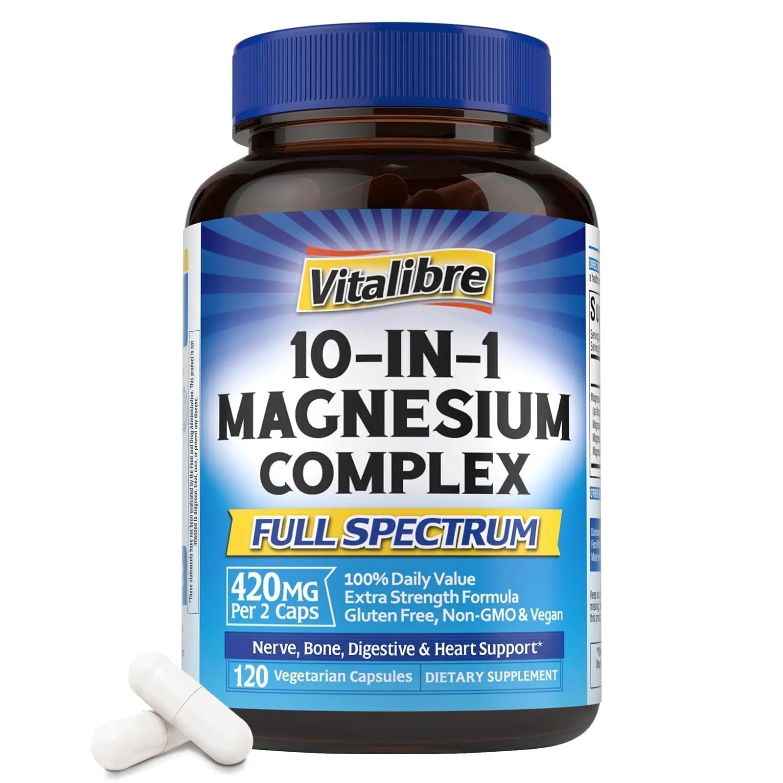 Vitalibre 10 in 1 Magnesium Complex, 420mg Elemental Magnesium | Ultra Strength, Max Absorption | Chelated Magnesium Supplement for Nerves, Bone & Heart Health | Non-GMO, 120 Vegan Capsules - TrustMedUSA