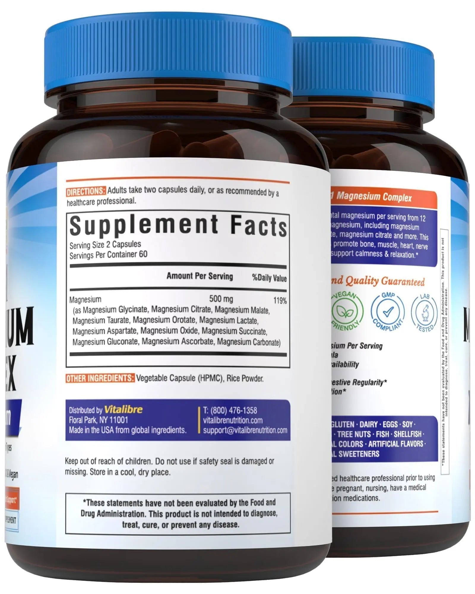 Vitalibre 12 in 1 Magnesium Complex Supplement 500mg | Max Absorption Chelated Magnesium Glycinate Citrate Malate & More for Bone, Nerve & Digestive Support | Non-GMO Vegan Capsules (120 Count) - TrustMedUSA