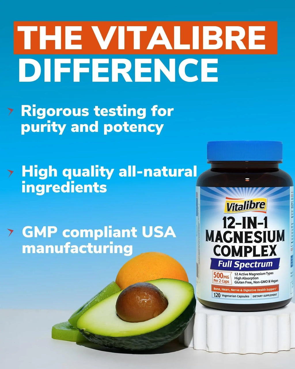 Vitalibre 12 in 1 Magnesium Complex Supplement 500mg | Max Absorption Chelated Magnesium Glycinate Citrate Malate & More for Bone, Nerve & Digestive Support | Non-GMO Vegan Capsules (120 Count) - TrustMedUSA
