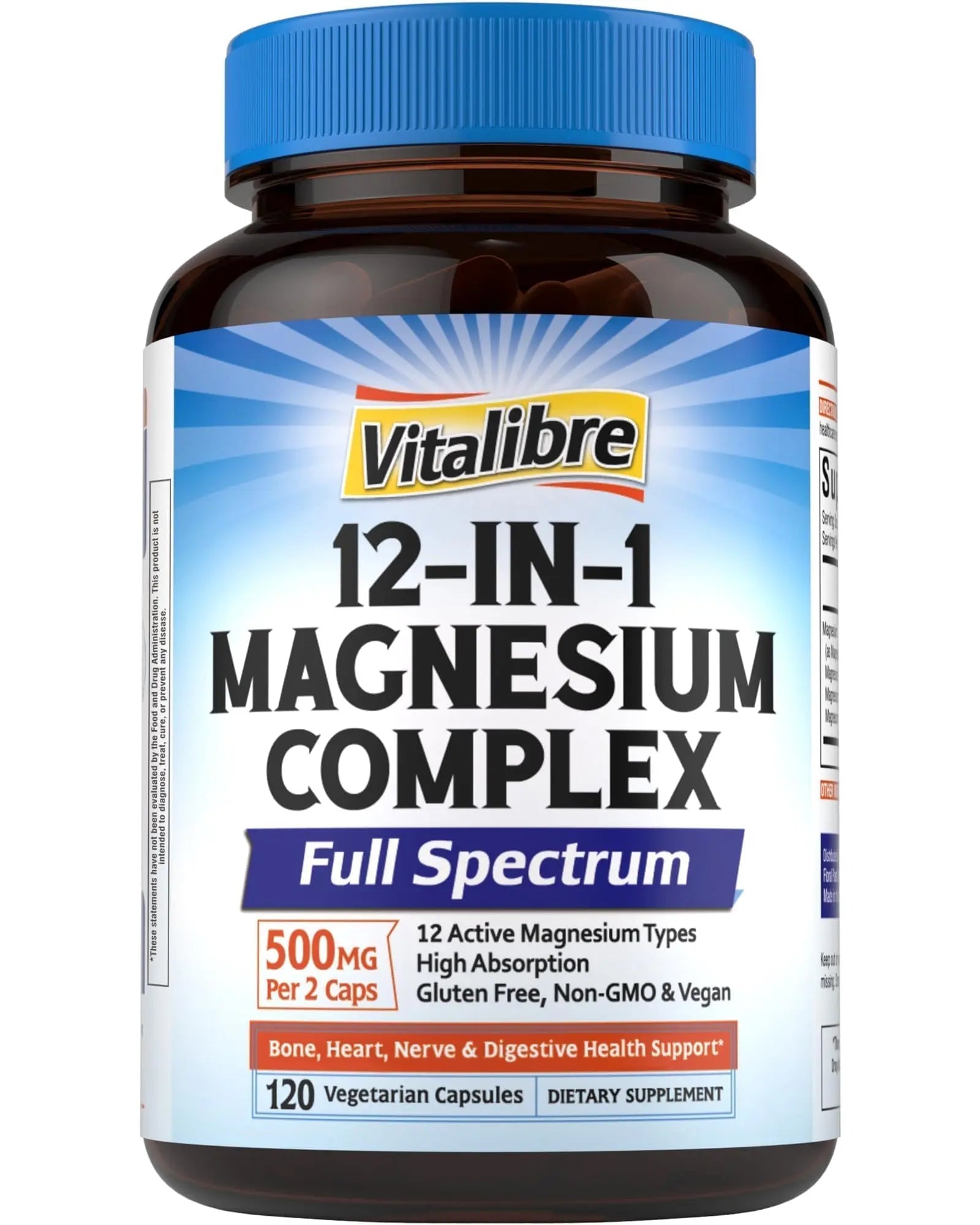 Vitalibre 12 in 1 Magnesium Complex Supplement 500mg | Max Absorption Chelated Magnesium Glycinate Citrate Malate & More for Bone, Nerve & Digestive Support | Non-GMO Vegan Capsules (120 Count) - TrustMedUSA