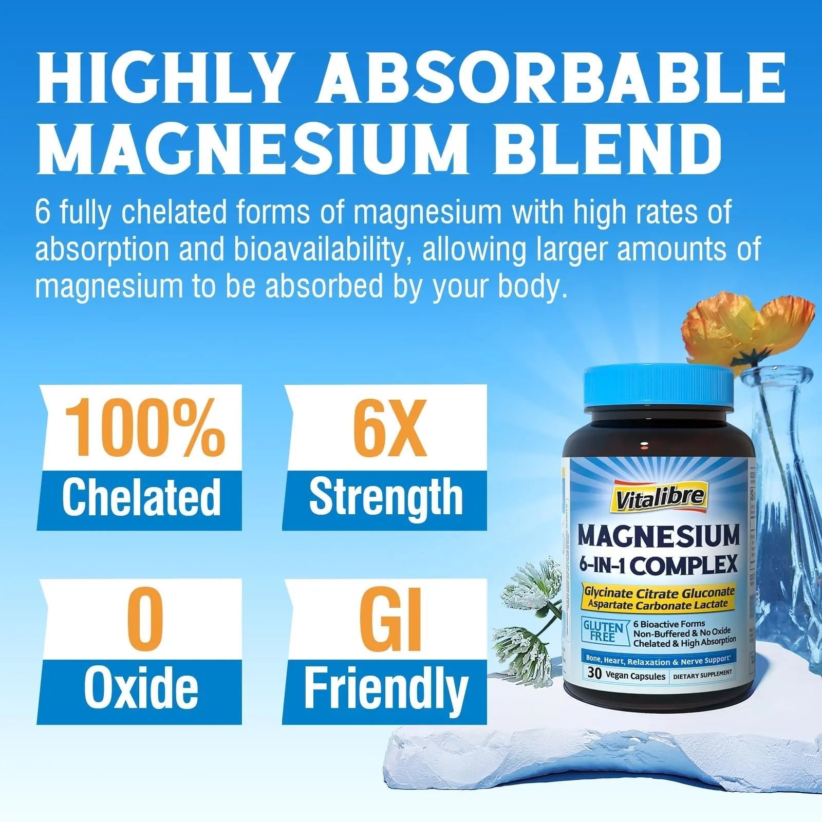 Vitalibre 6 in 1 Magnesium Complex for Women Men, 260mg Elemental Magnesium | Max Absorption | Chelated Magnesium Supplement for Bone, Relaxation & Nerves Support | Non-GMO, 120 Vegan Capsules - TrustMedUSA