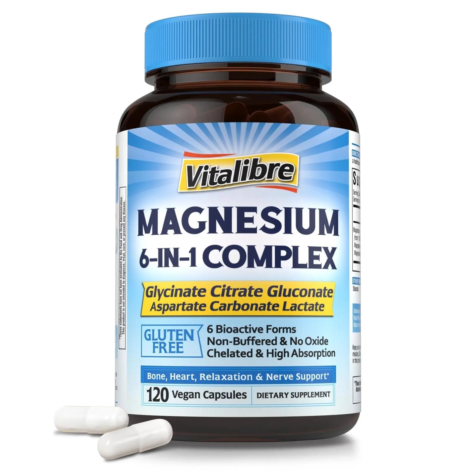 Vitalibre 6 in 1 Magnesium Complex for Women Men, 260mg Elemental Magnesium | Max Absorption | Chelated Magnesium Supplement for Bone, Relaxation & Nerves Support | Non-GMO, 120 Vegan Capsules - TrustMedUSA