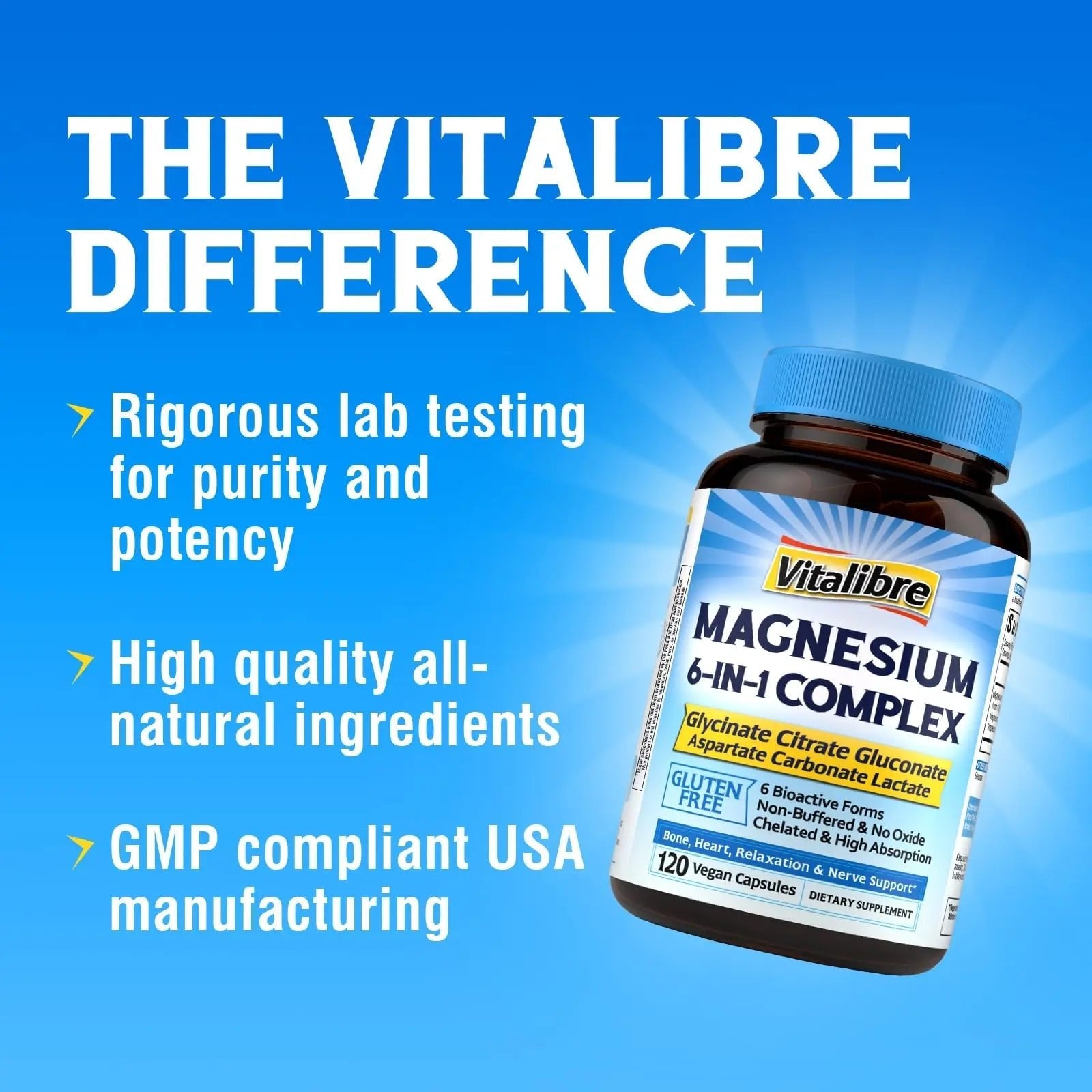 Vitalibre 6 in 1 Magnesium Complex for Women Men, 260mg Elemental Magnesium | Max Absorption | Chelated Magnesium Supplement for Bone, Relaxation & Nerves Support | Non-GMO, 120 Vegan Capsules - TrustMedUSA