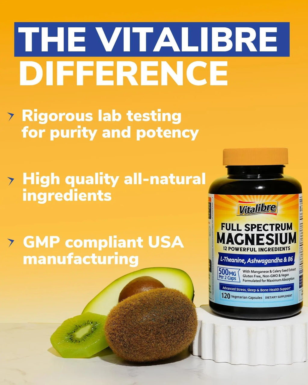 Vitalibre Magnesium Complex Supplement 500mg + Ashwagandha, L-Theanine, Vitamin B6 & Celery, High Absorption Magnesium Glycinate, Citrate, Malate, Sleep & Bone Support, 120 Vegan Capsules - TrustMedUSA