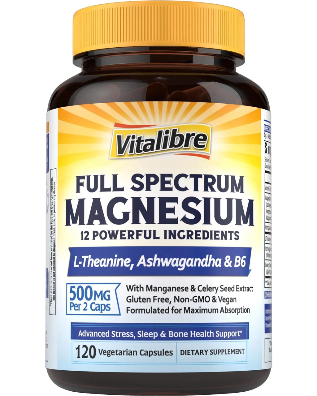 Vitalibre Magnesium Complex Supplement 500mg + Ashwagandha, L-Theanine, Vitamin B6 & Celery, High Absorption Magnesium Glycinate, Citrate, Malate, Sleep & Bone Support, 120 Vegan Capsules - TrustMedUSA