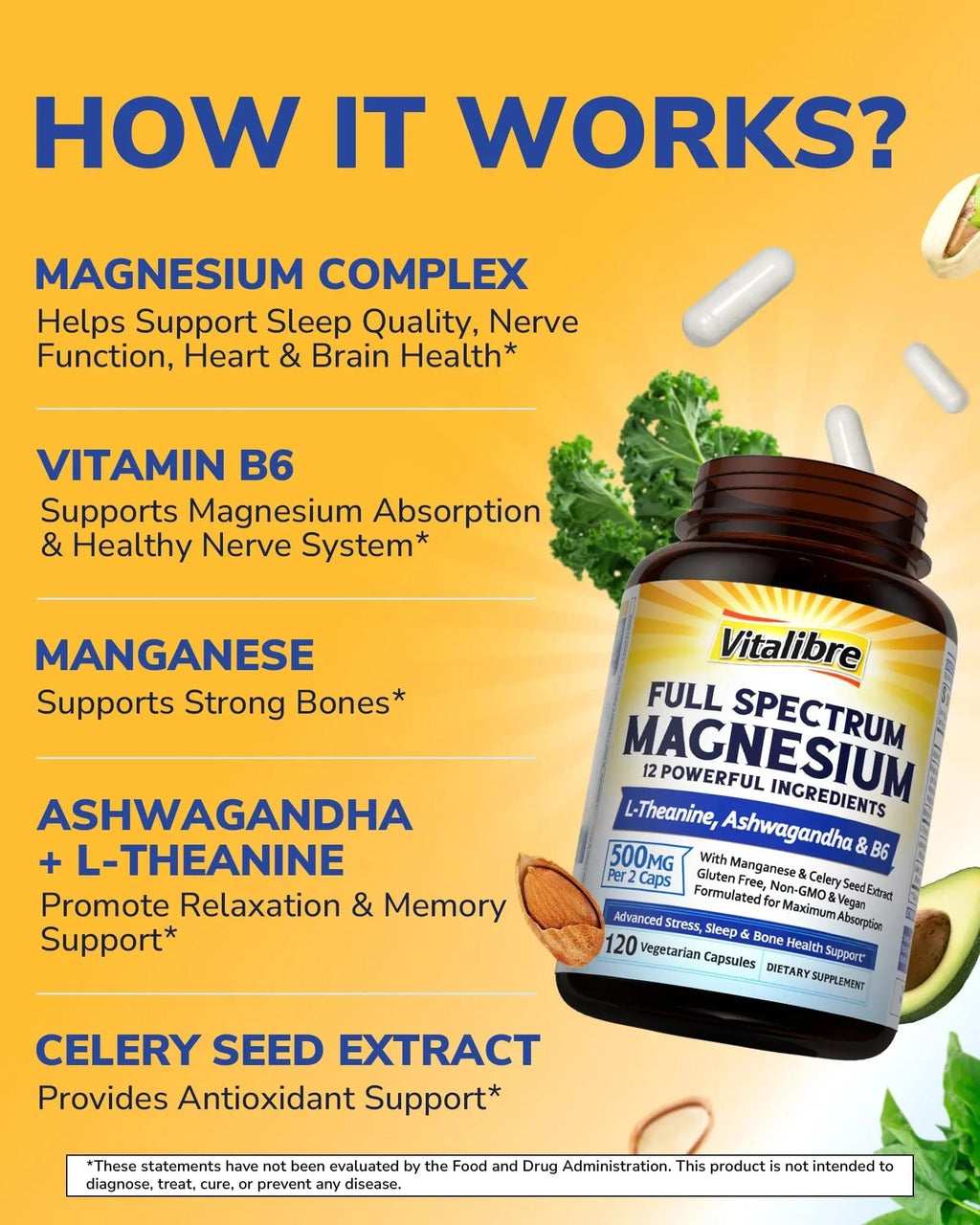 Vitalibre Magnesium Complex Supplement 500mg + Ashwagandha, L-Theanine, Vitamin B6 & Celery, High Absorption Magnesium Glycinate, Citrate, Malate, Sleep & Bone Support, 120 Vegan Capsules - TrustMedUSA