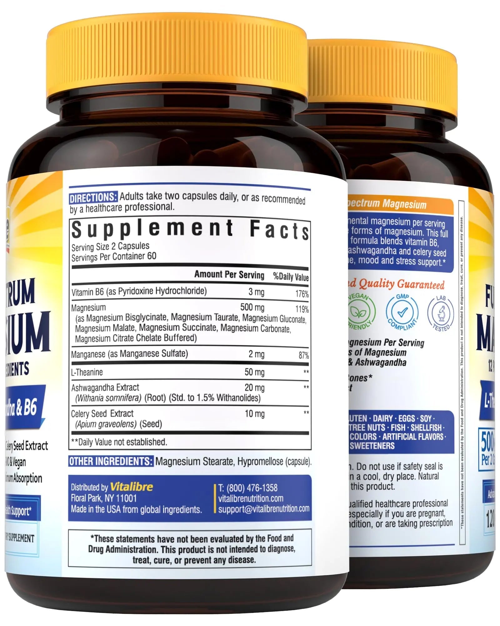 Vitalibre Magnesium Complex Supplement 500mg + Ashwagandha, L-Theanine, Vitamin B6 & Celery, High Absorption Magnesium Glycinate, Citrate, Malate, Sleep & Bone Support, 120 Vegan Capsules - TrustMedUSA