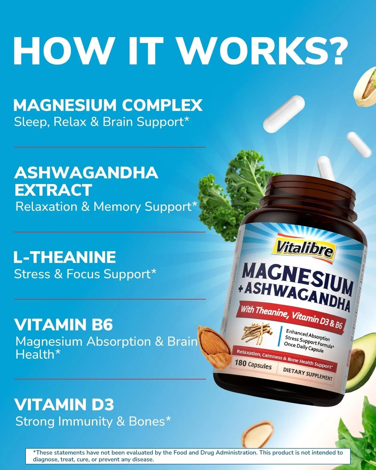 Vitalibre Magnesium Complex with Ashwagandha & L-Theanine - Stress Relief, Bone & Relaxation Support - w/Vitamin D3, B6 - Glycinate, Citrate, Malate, Taurate - 90 Vegan Capsules, Non-GMO, Gluten Free - TrustMedUSA