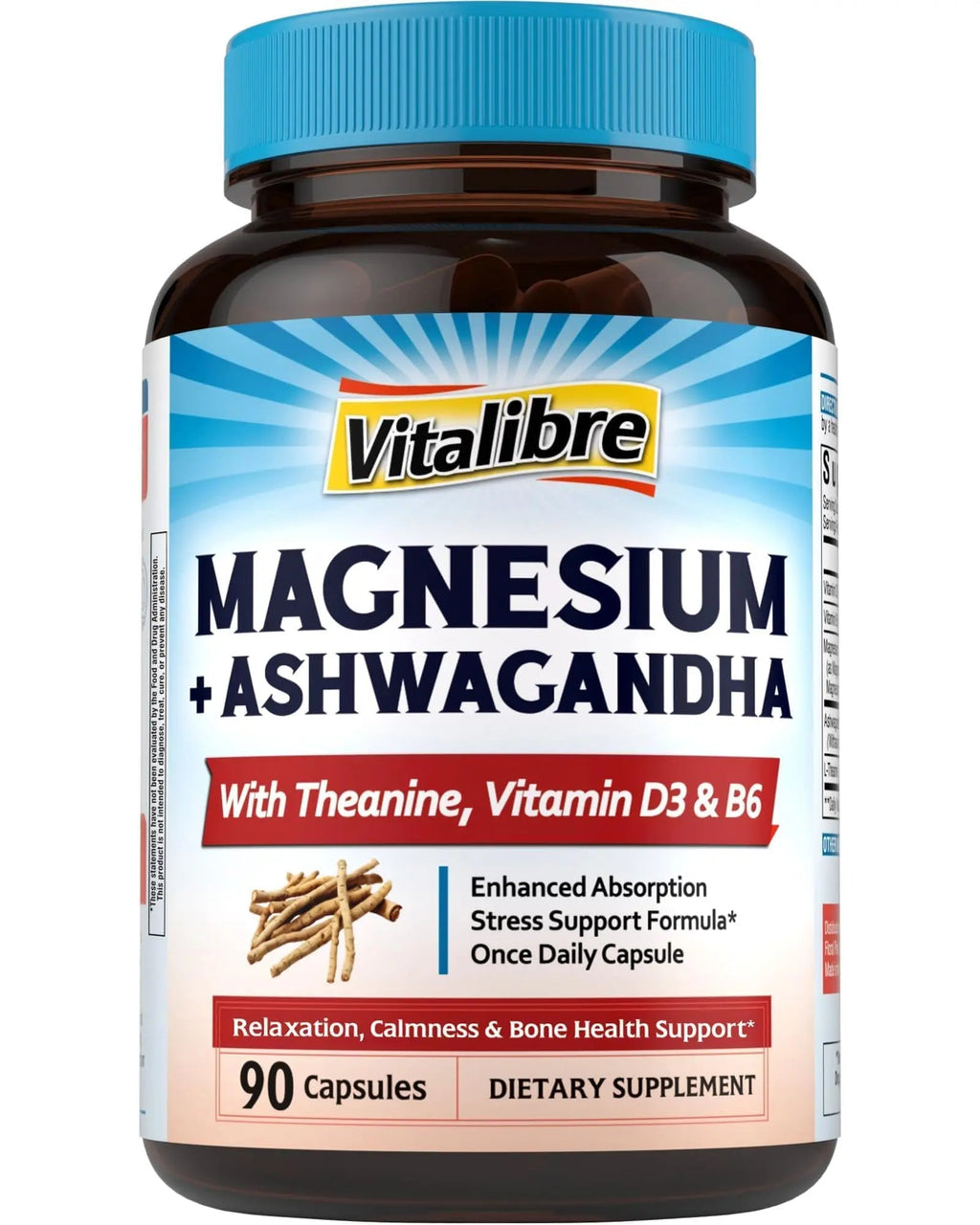Vitalibre Magnesium Complex with Ashwagandha & L-Theanine - Stress Relief, Bone & Relaxation Support - w/Vitamin D3, B6 - Glycinate, Citrate, Malate, Taurate - 90 Vegan Capsules, Non-GMO, Gluten Free - TrustMedUSA