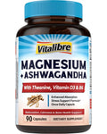 Vitalibre Magnesium Complex with Ashwagandha & L-Theanine - Stress Relief, Bone & Relaxation Support - w/Vitamin D3, B6 - Glycinate, Citrate, Malate, Taurate - 90 Vegan Capsules, Non-GMO, Gluten Free - TrustMedUSA