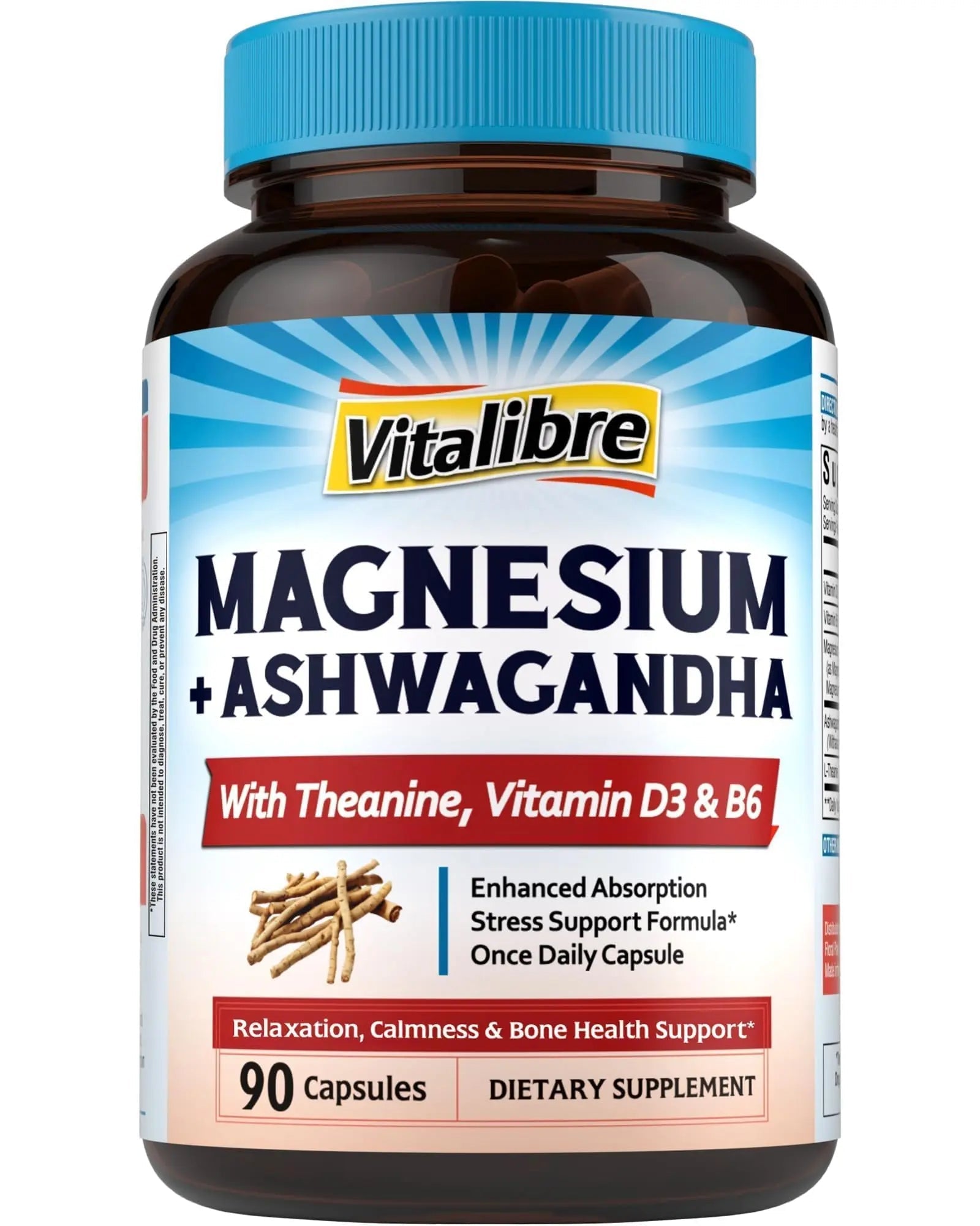 Vitalibre Magnesium Complex with Ashwagandha & L-Theanine - Stress Relief, Bone & Relaxation Support - w/Vitamin D3, B6 - Glycinate, Citrate, Malate, Taurate - 90 Vegan Capsules, Non-GMO, Gluten Free - TrustMedUSA