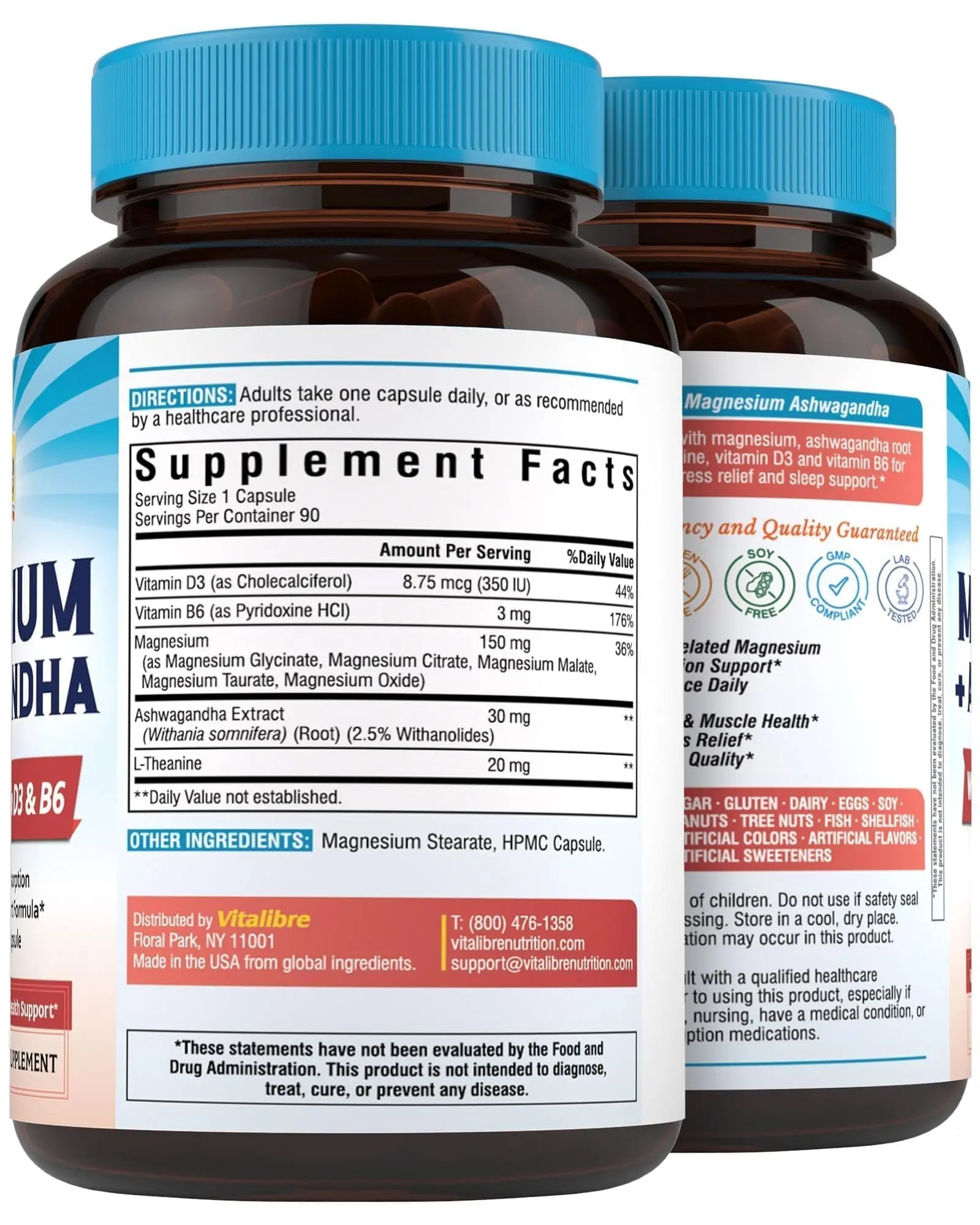 Vitalibre Magnesium Complex with Ashwagandha & L-Theanine - Stress Relief, Bone & Relaxation Support - w/Vitamin D3, B6 - Glycinate, Citrate, Malate, Taurate - 90 Vegan Capsules, Non-GMO, Gluten Free - TrustMedUSA
